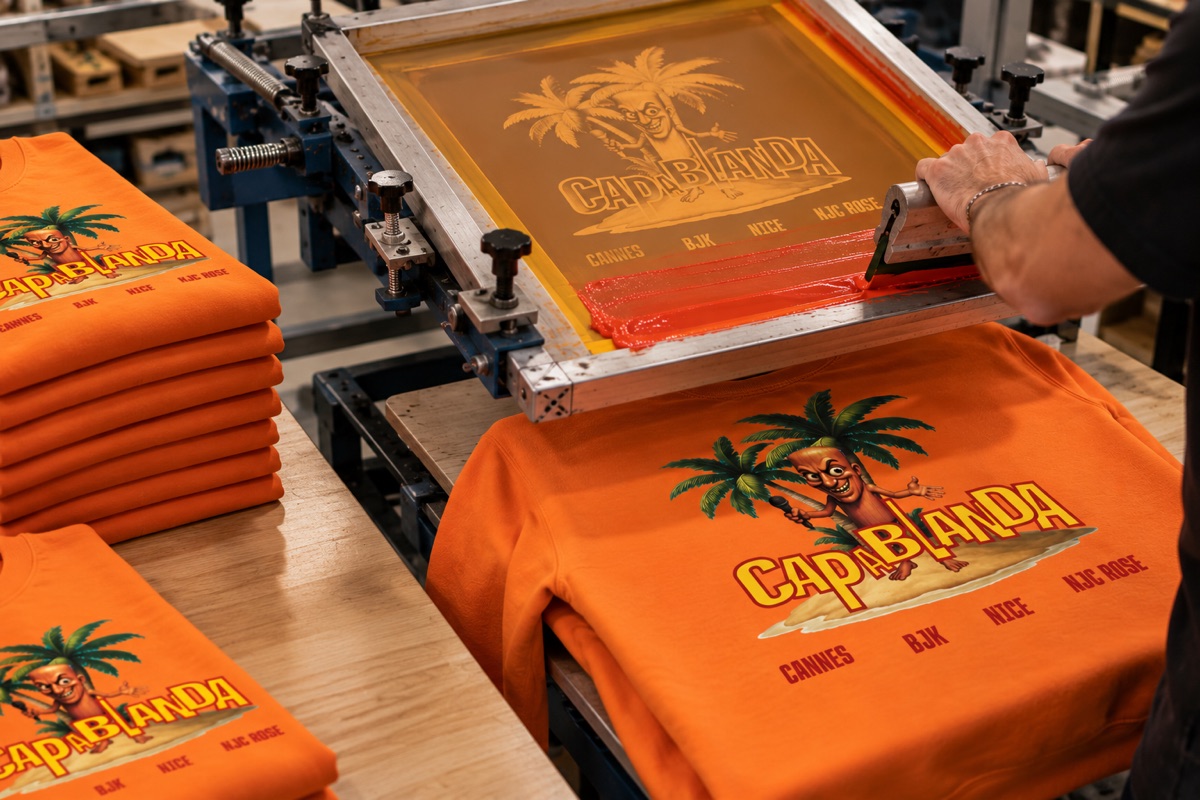 Atelier de sérigraphie sur des tee-shirts orange CAPABLANDA