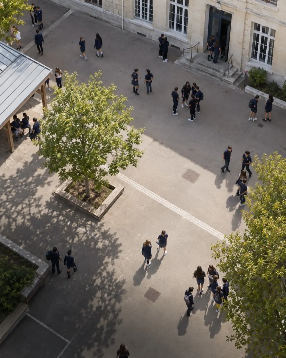 Élèves en uniformes scolaires dans une cour d’école