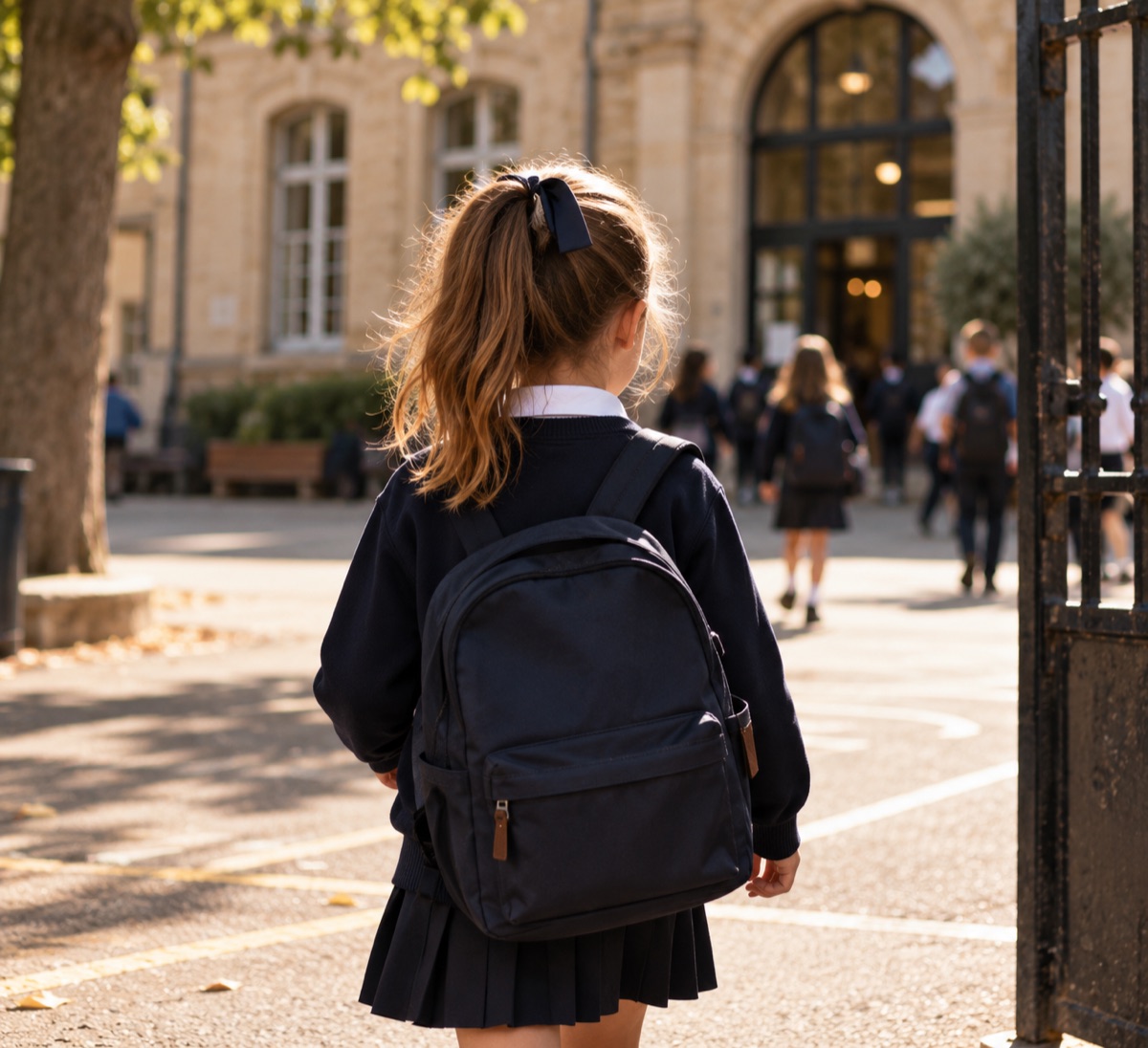 Écolière en uniforme arrivant dans la cour de son établissement