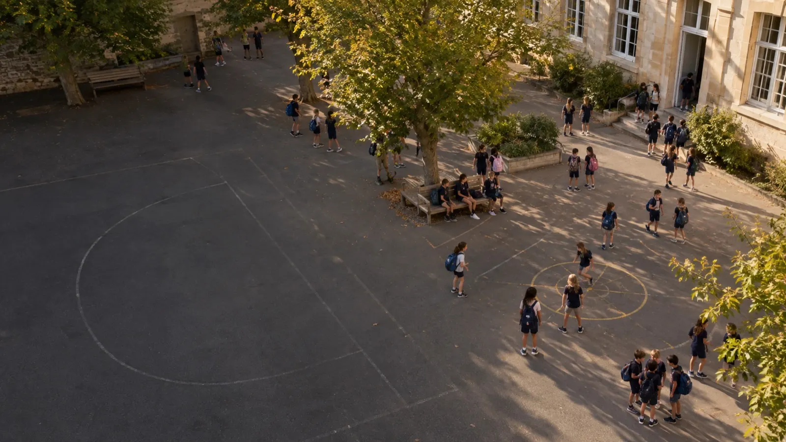 Vue aérienne d'une cour d'école française avec élèves en polos scolaires